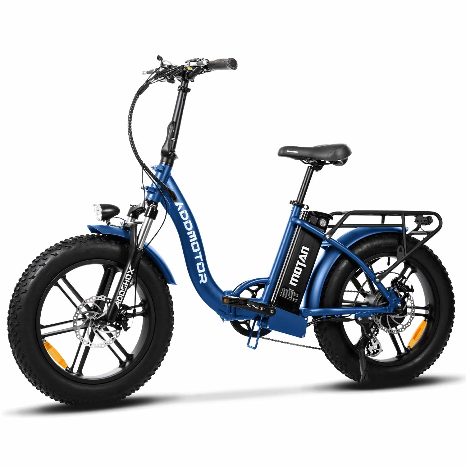 A blue electric bike with a large tire on a white background.