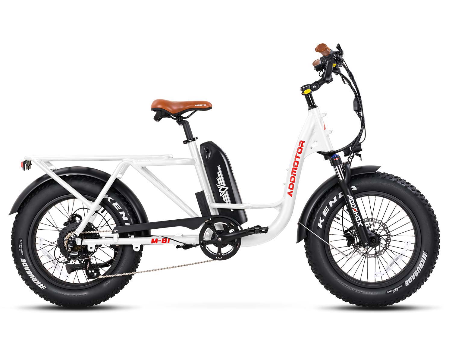 A white electric bike with a large tire on a white background.