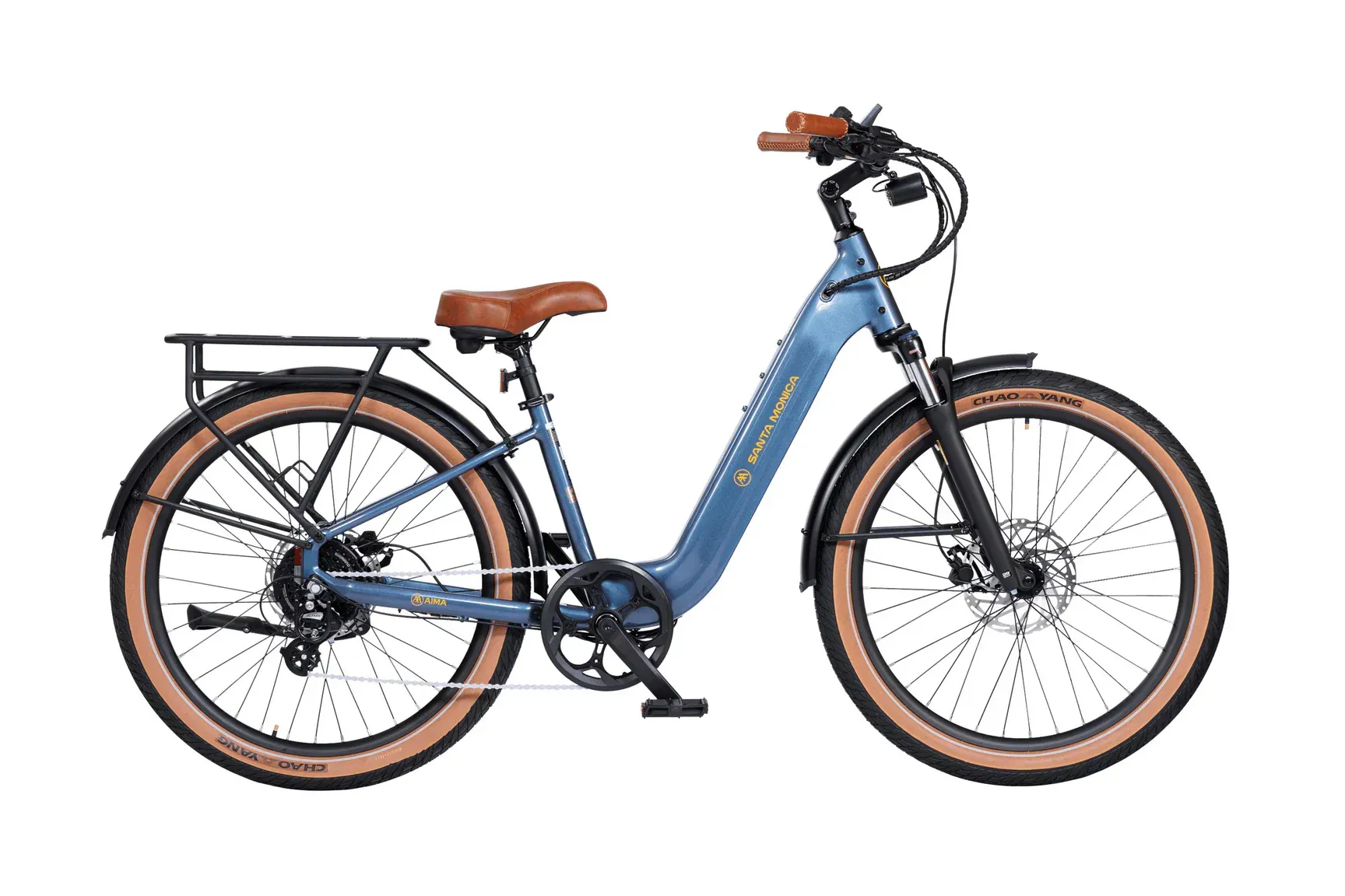 A white electric bike with brown tires on a white background.