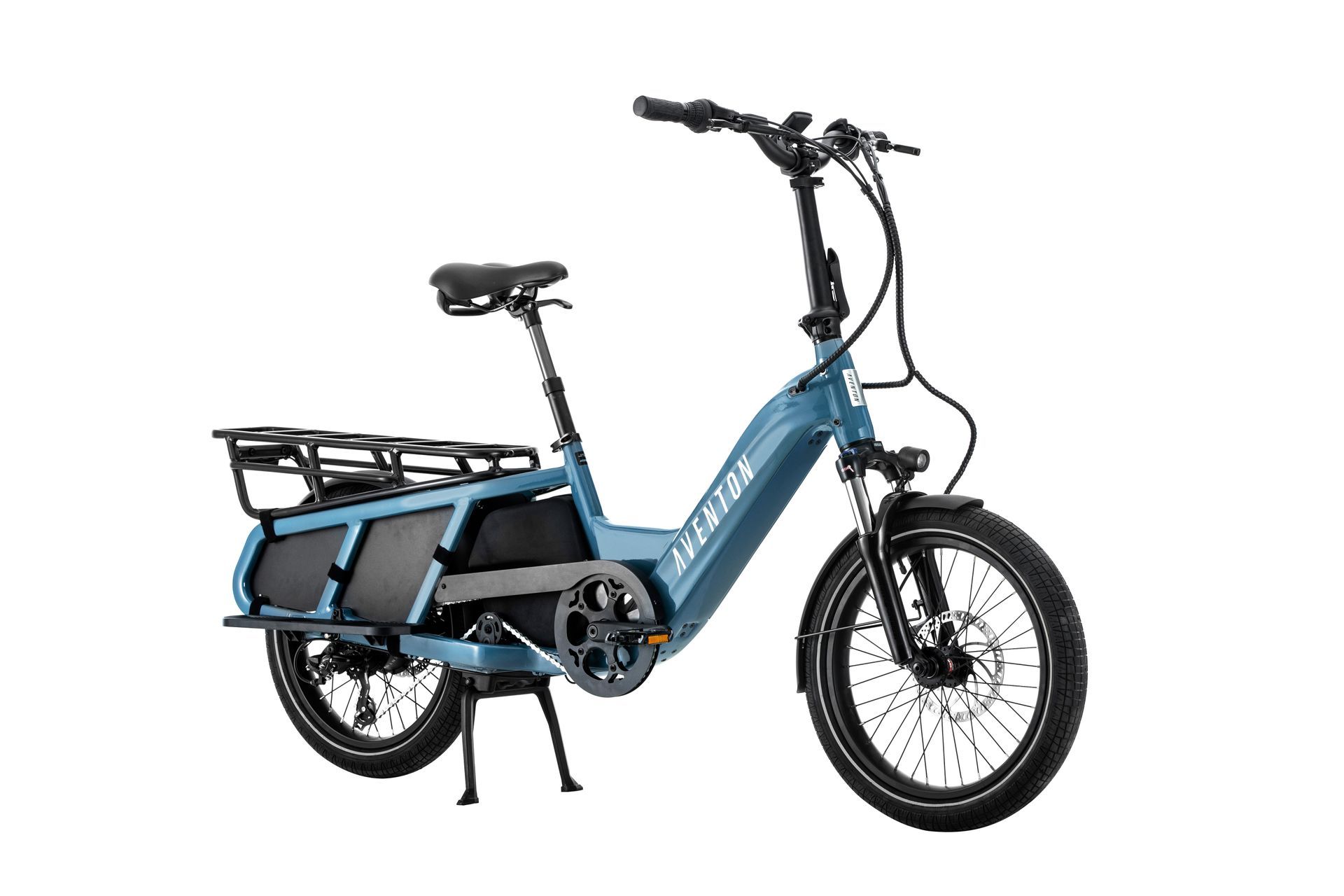 A blue electric bike with a rear rack on a white background.
