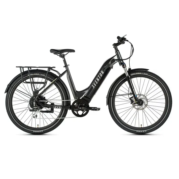 A black electric bike with a rear rack on a white background.