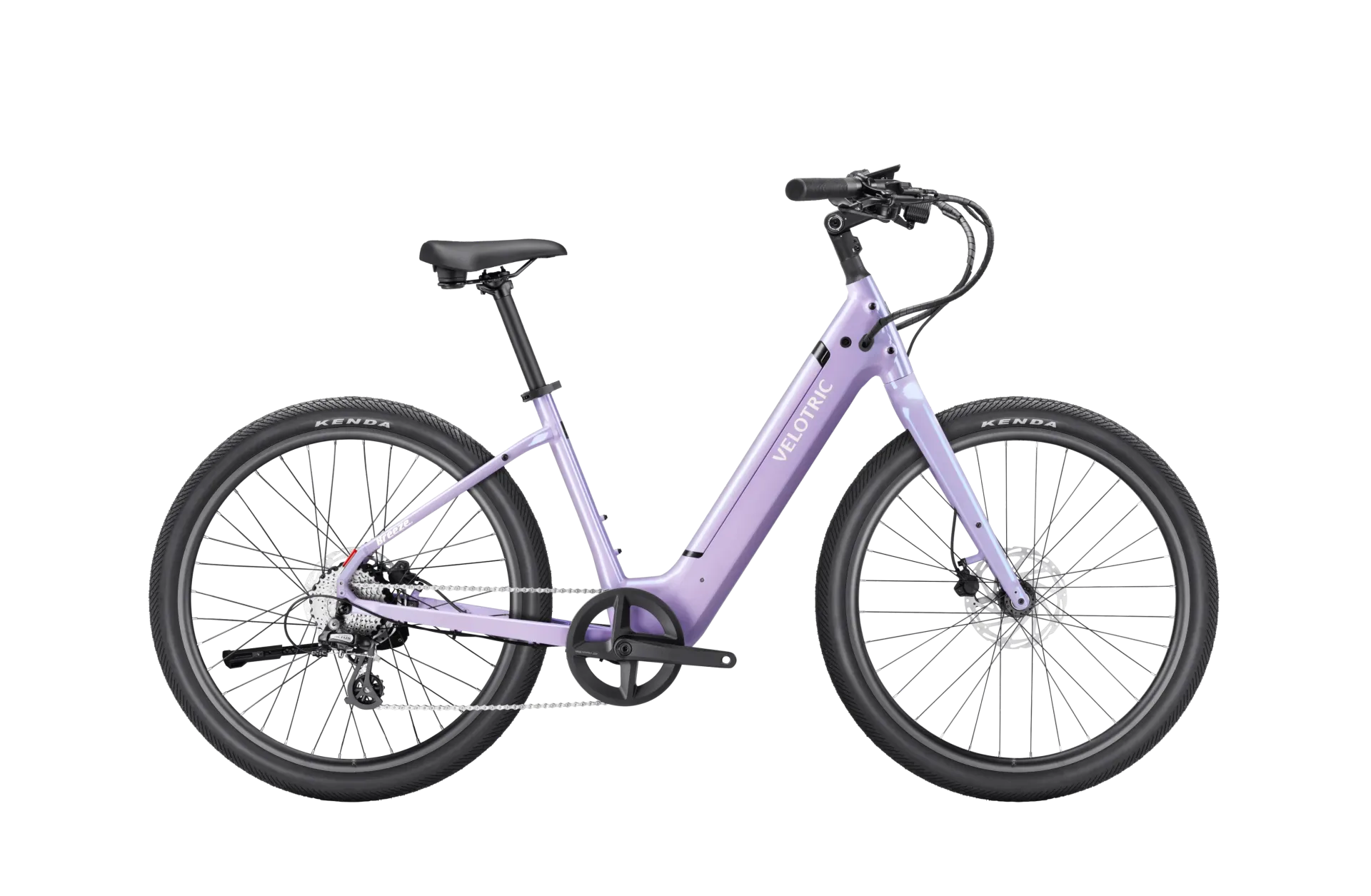 A red electric bike is sitting on a white background.