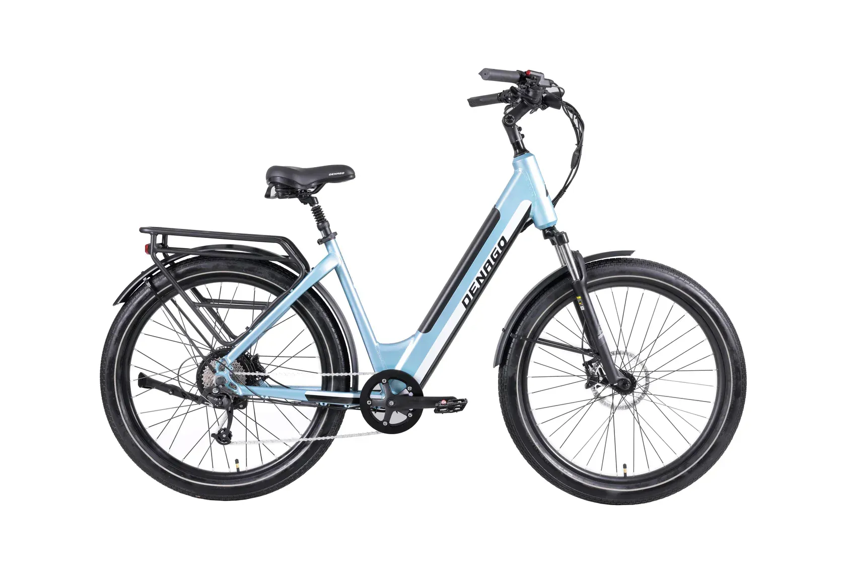 A blue electric bike is sitting on a white background.