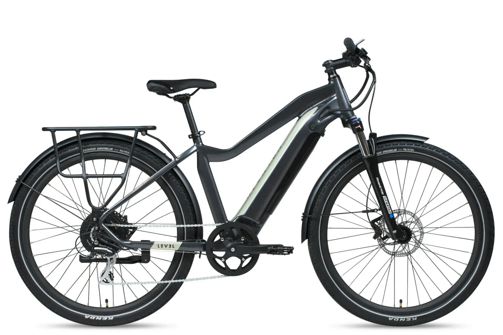 A black electric bike on a white background.
