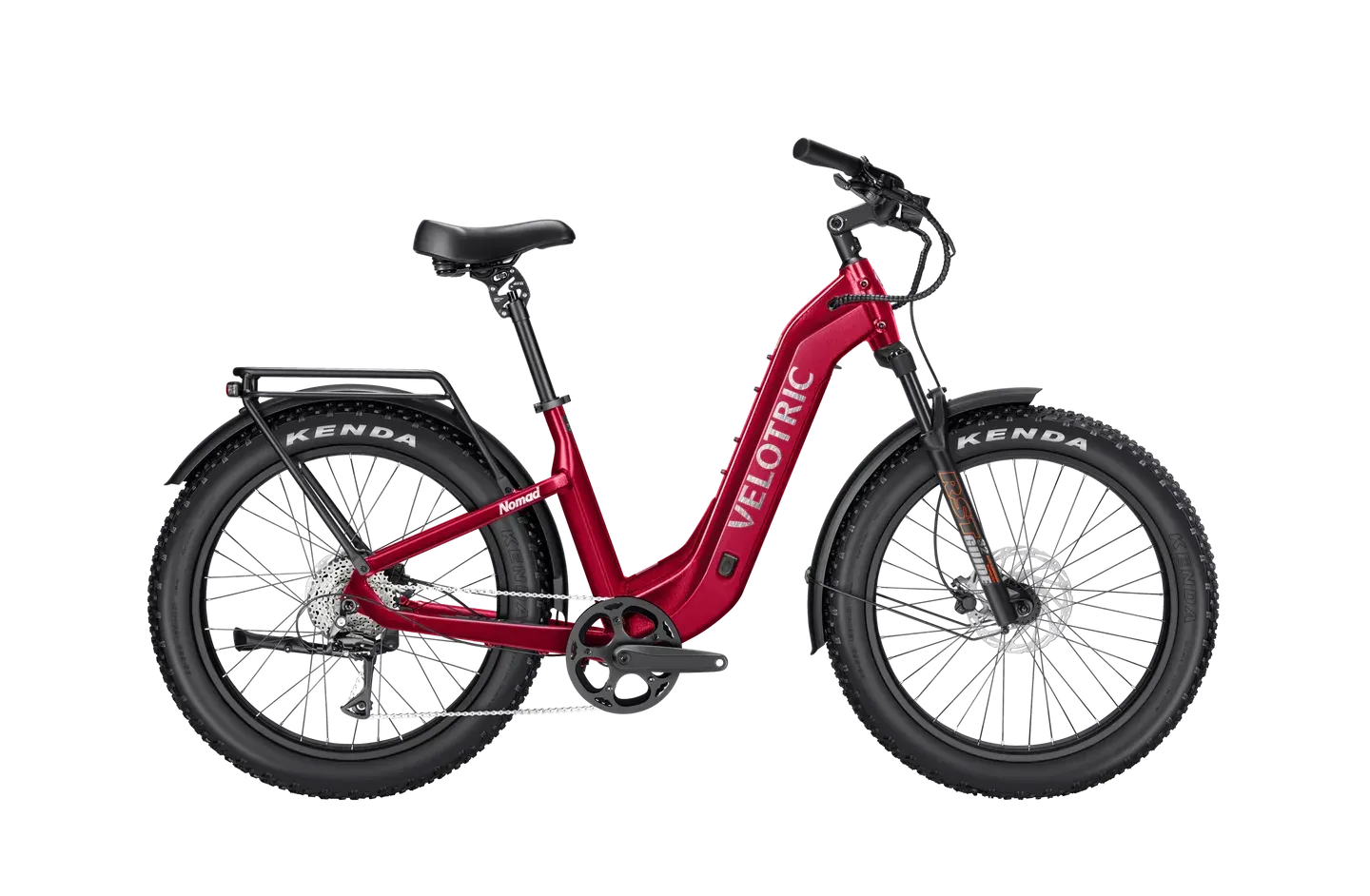 A red electric bike is sitting on a white background.