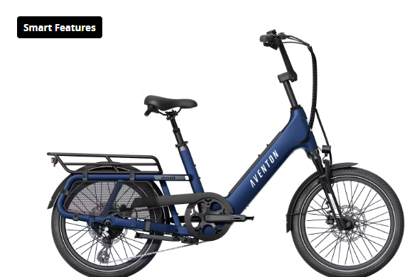 A blue and black bicycle with a smart features sticker on it