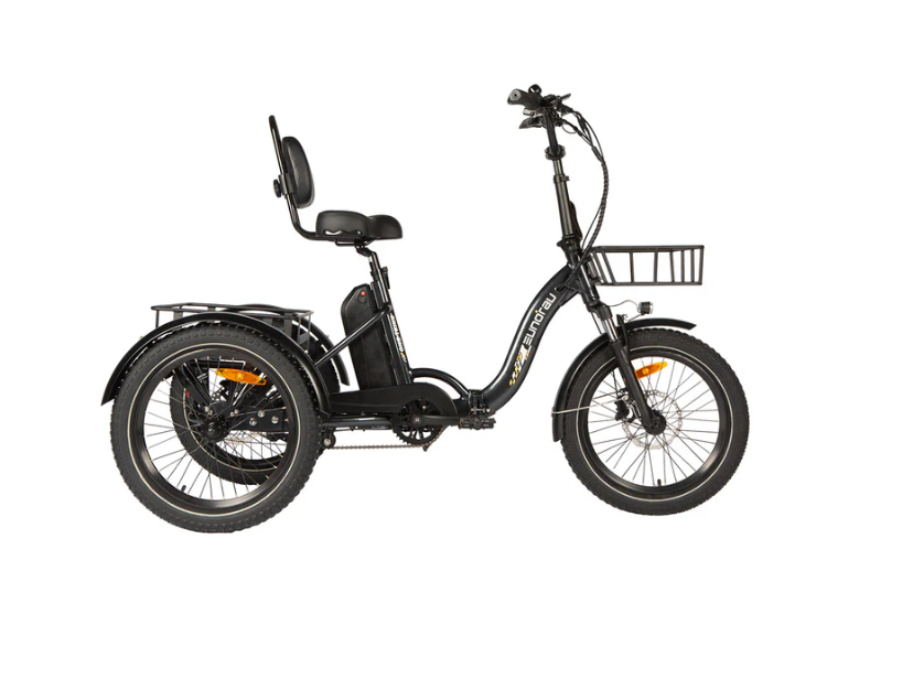 A white and black electric bike on a white background.