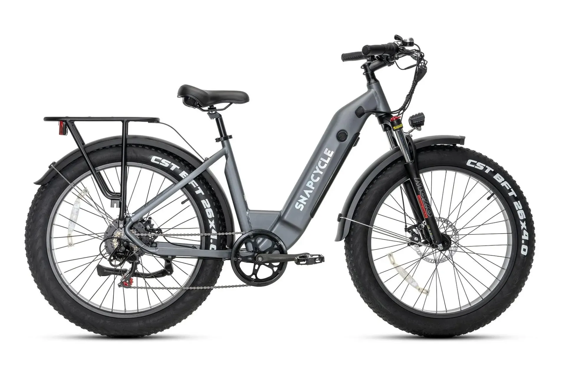 A gray electric bike with a large tire on a white background.