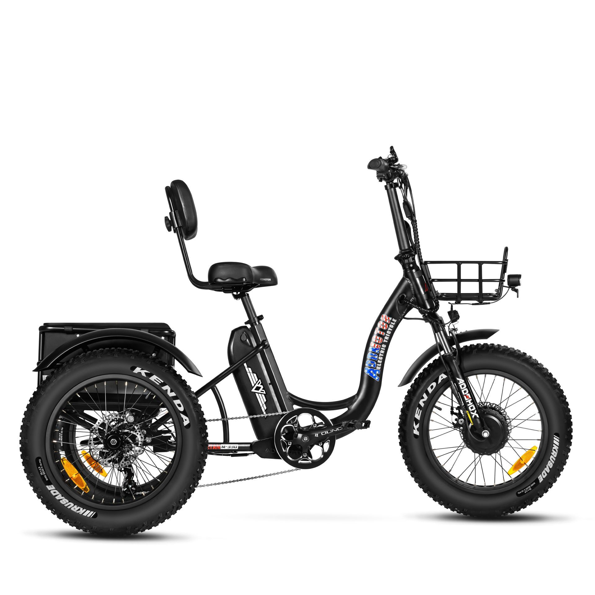 A black electric tricycle with a basket on the front.