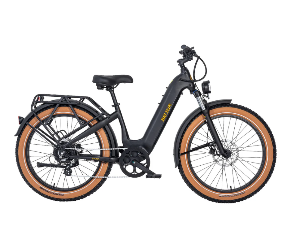A black electric bike with brown tires on a white background.