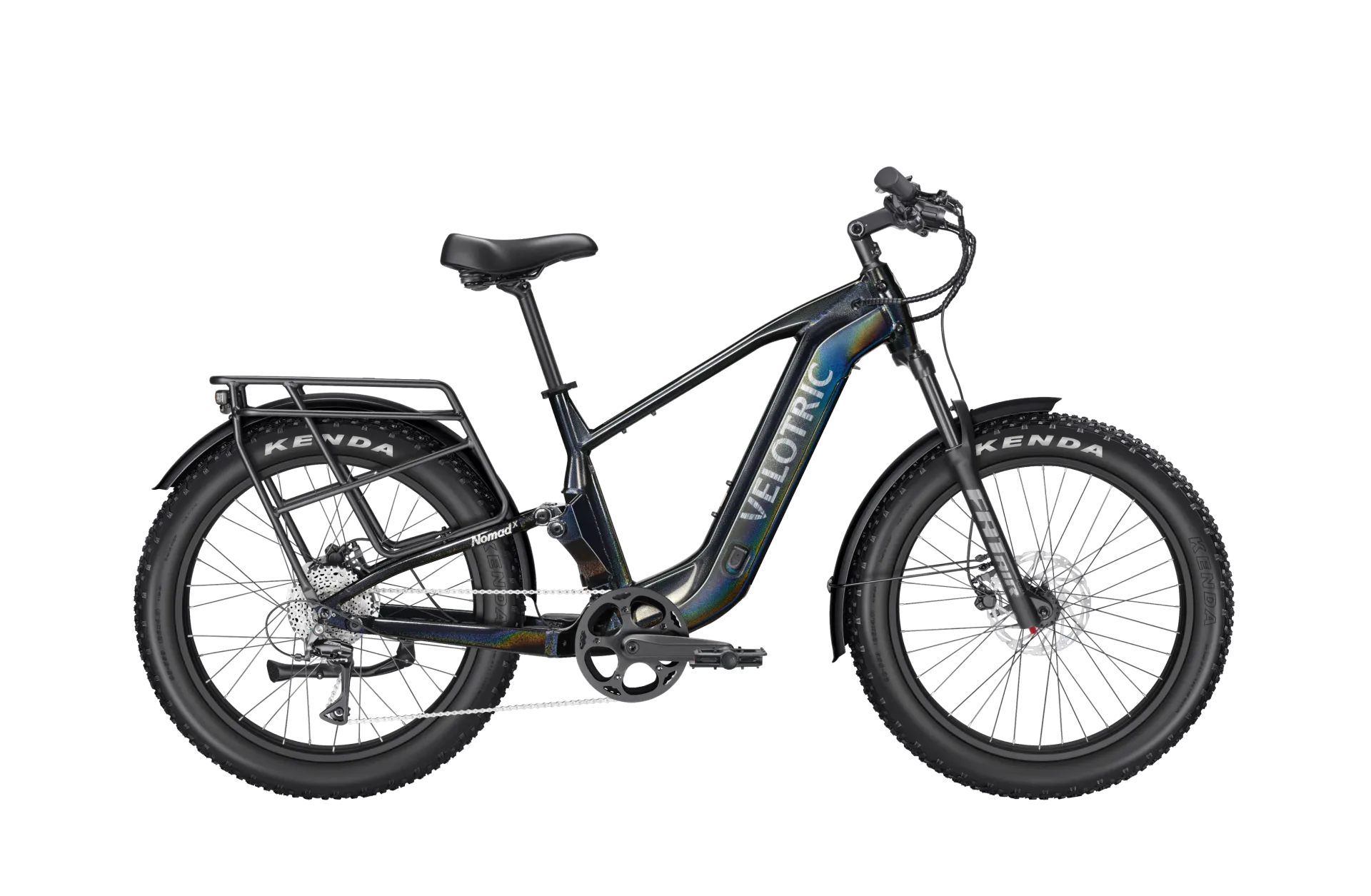 A red electric bike is sitting on a white background.