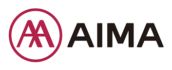 A red and black logo for a company called aima