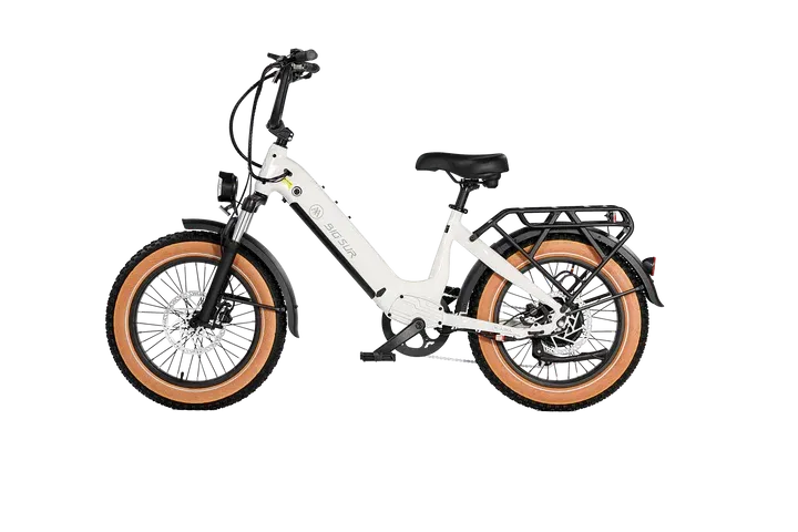 A white electric bike with brown tires on a white background.