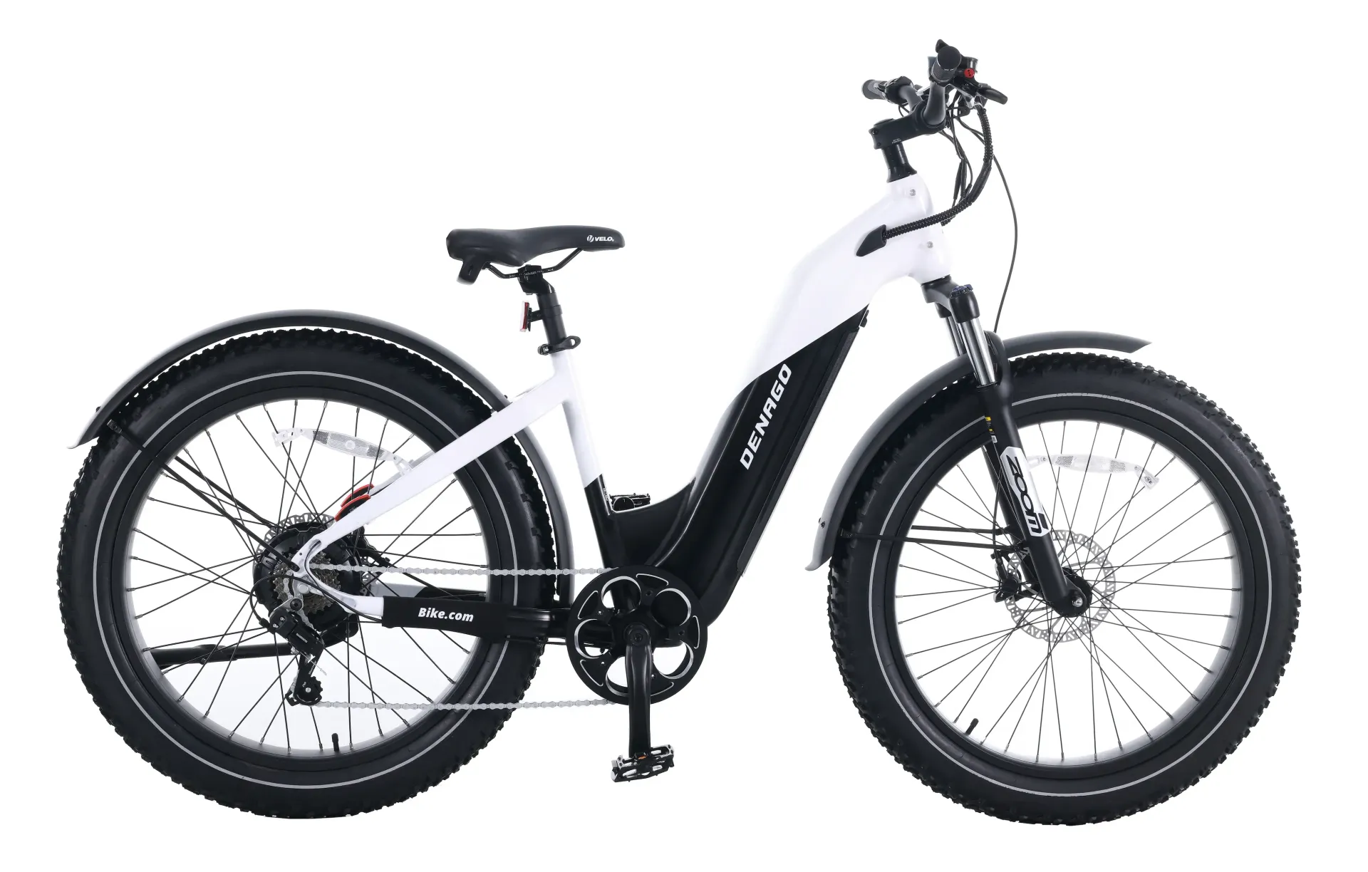 A white and black electric bike on a white background.
