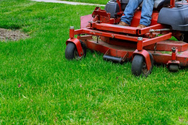 a man is riding a red lawn mower on a lush green lawn