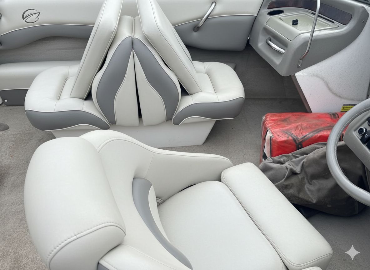 Interior of a boat with white upholstered seats and a gray carpeted cabin.