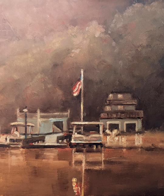 Painting of Lake Lure early in the morning with boats at a dock, and the American flag reflected into the still water.