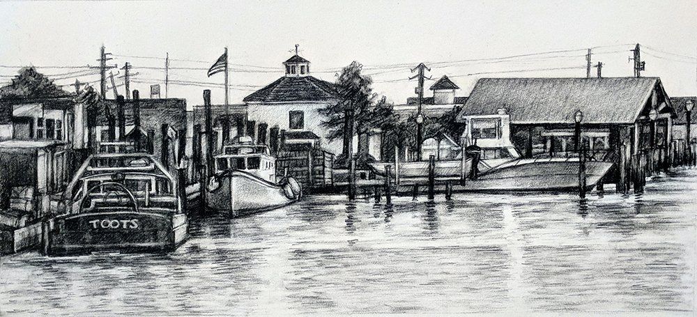 Graphite drawing of a small harbor with boats in Chincoteague, VA