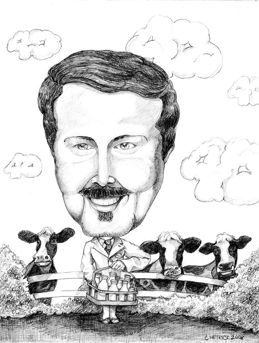 Caricature of Milkman with glass bottles of milk in front of three cows