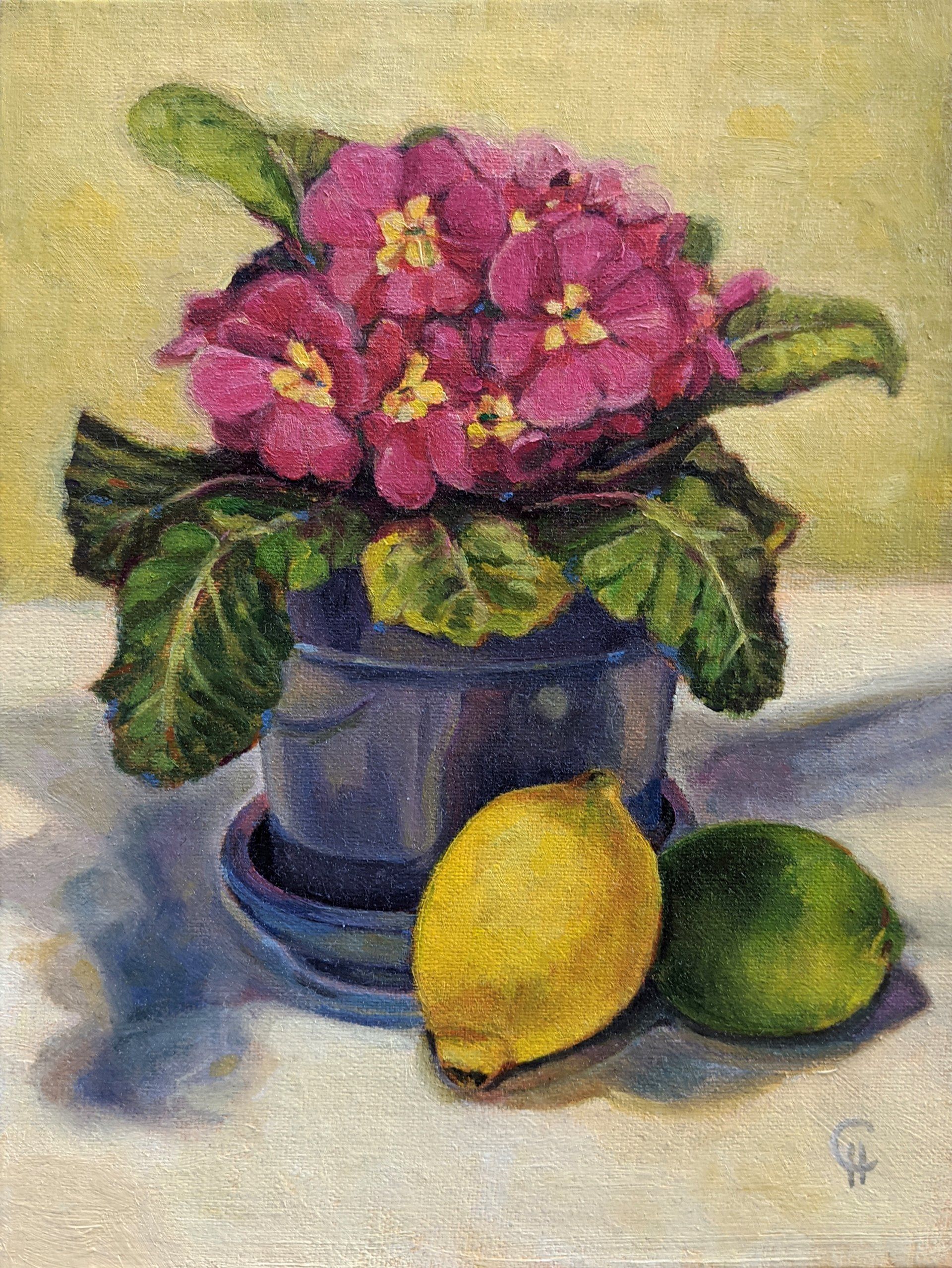 Painting of a pink primrose in a blue pot, with a lemon and a lime.