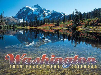 A washington 2004 engagement calendar shows a lake with mountains in the background