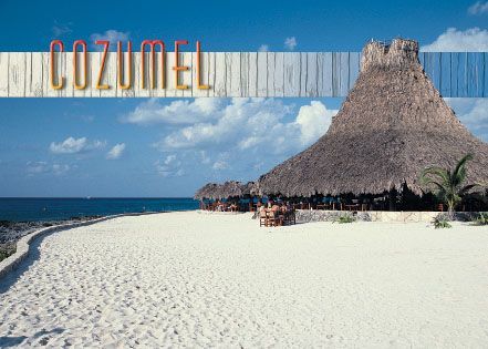 A thatched hut sits on a sandy beach in cozumel