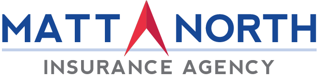 The logo for matt north insurance agency is blue and red.