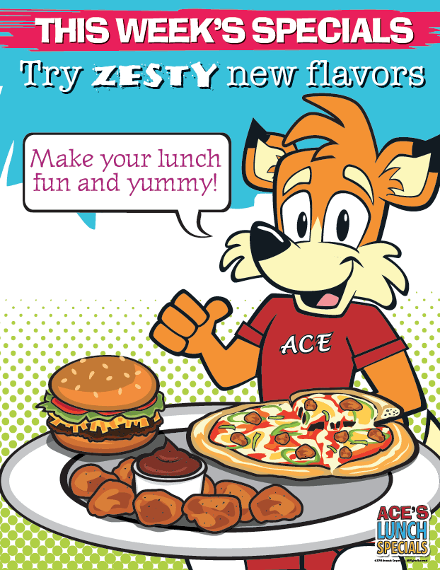 A cartoon of a fox holding a pizza and a hamburger