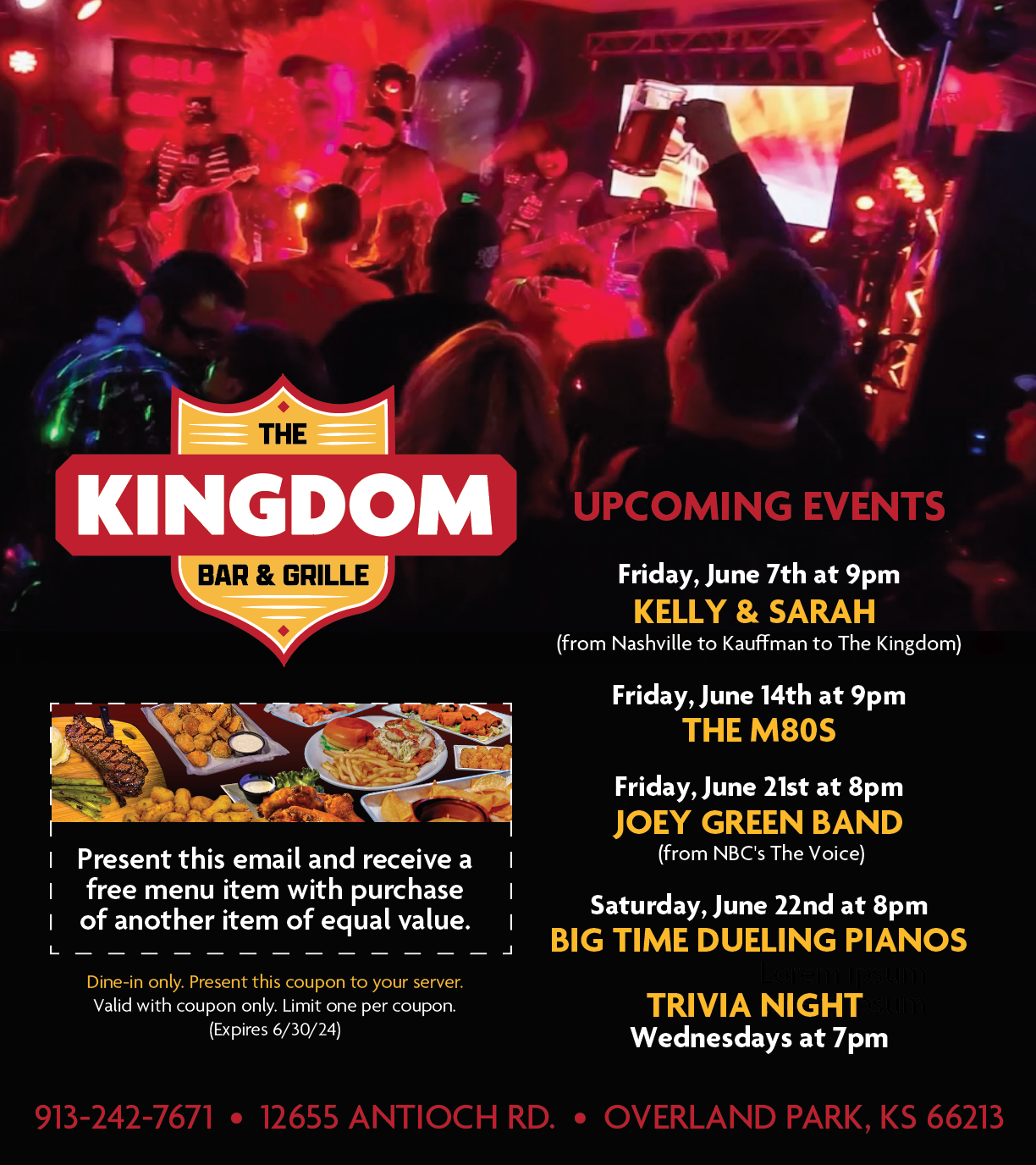 An advertisement for the kingdom bar and grille
