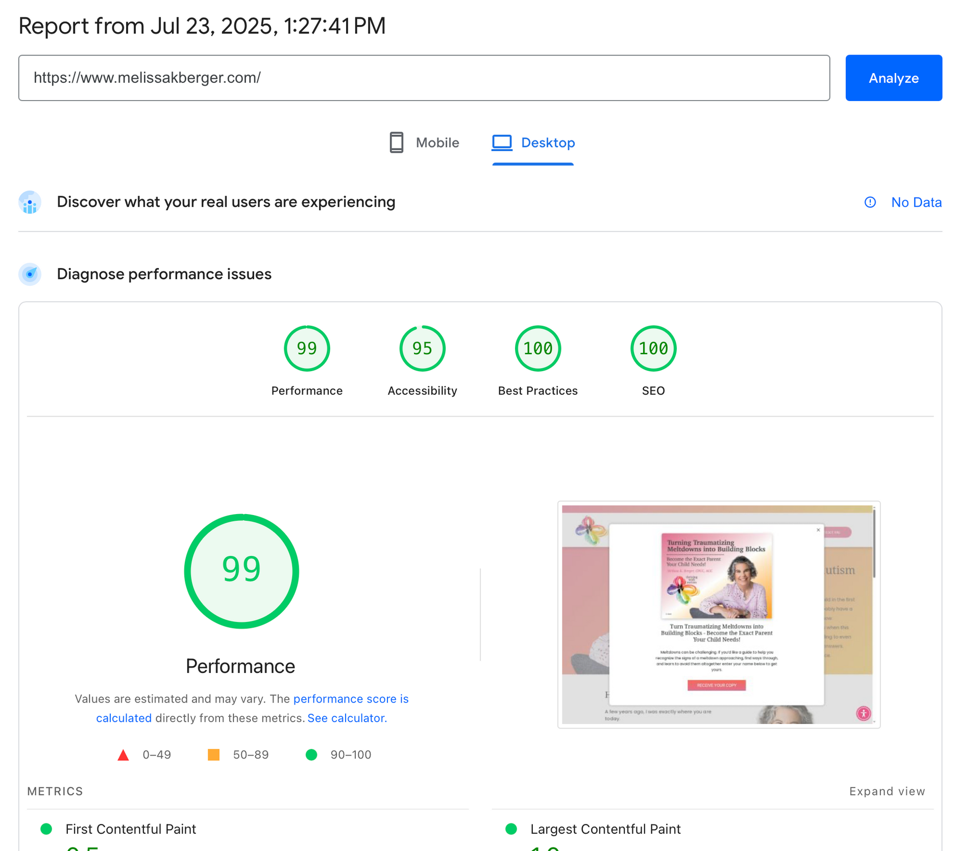 A screenshot of a website with a score of 99