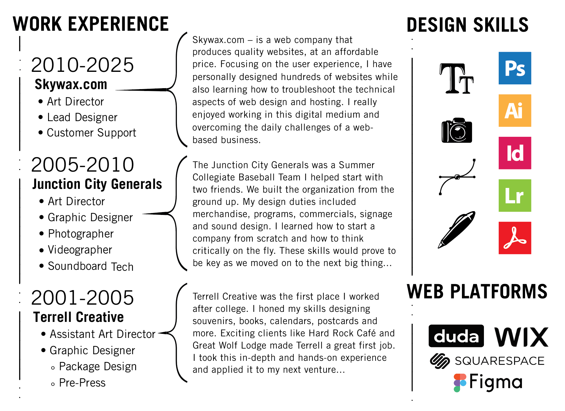A resume for a web designer shows work experience and design skills