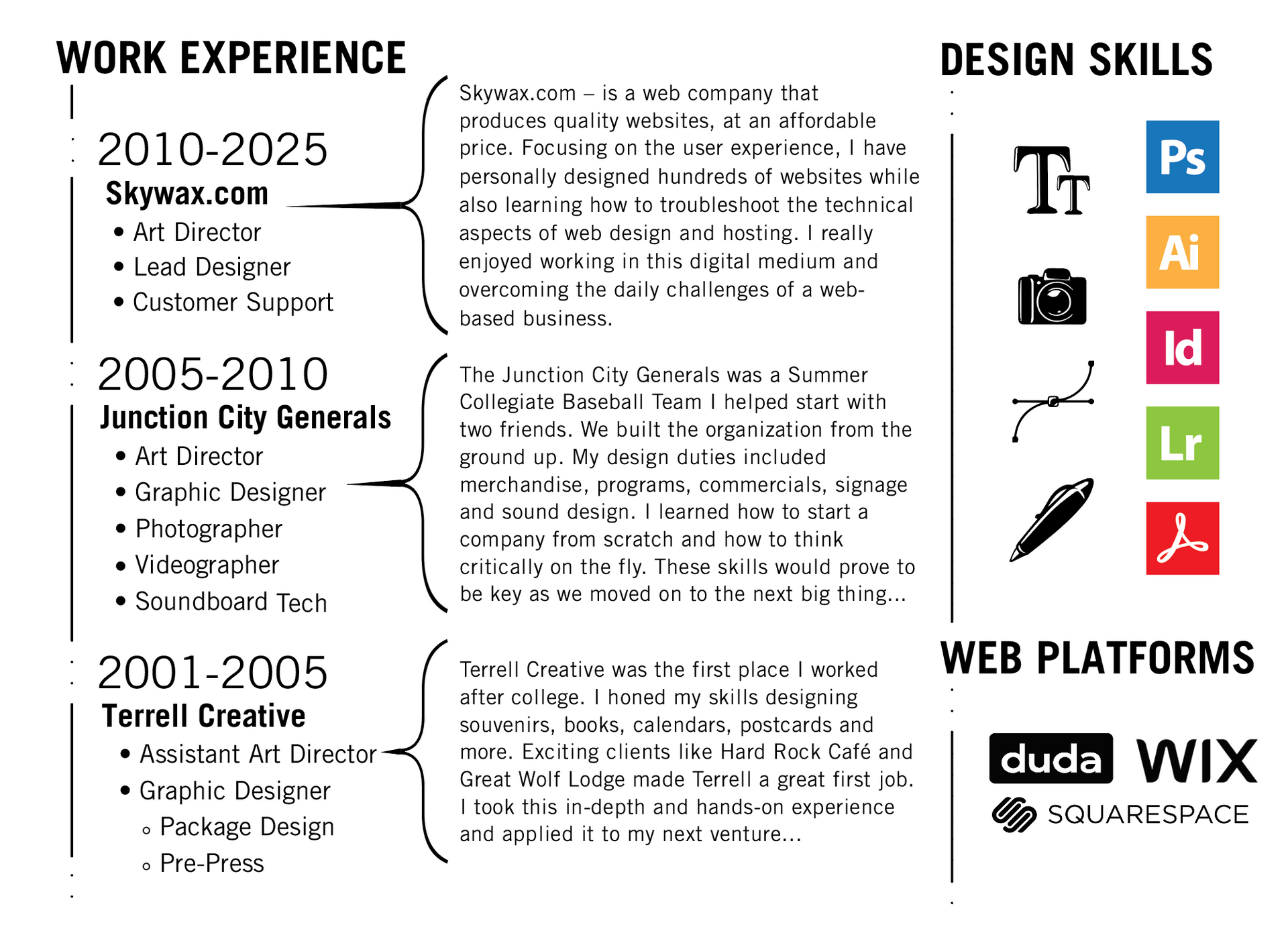A resume for a web designer shows work experience and design skills