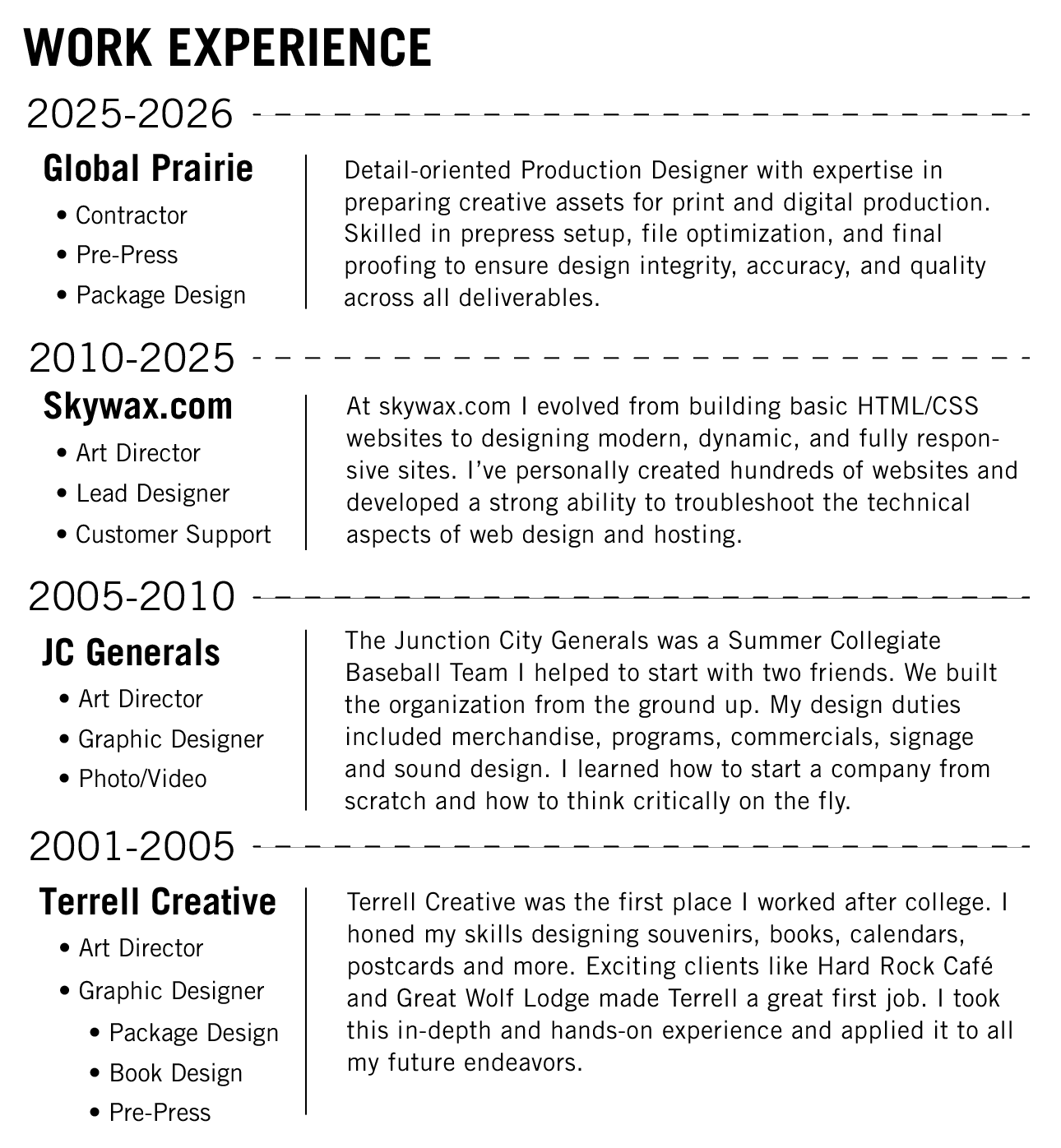 A resume for a web designer shows work experience and design skills
