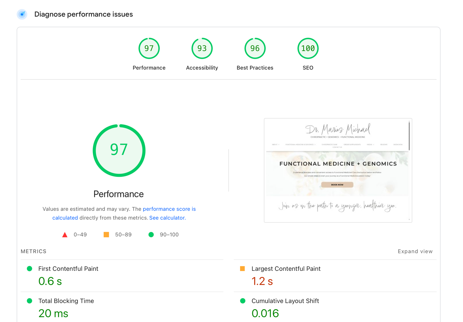 A screenshot of a website with a 97 score