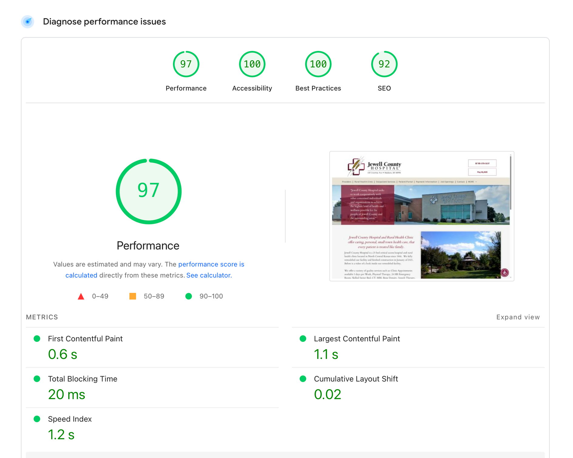 A screenshot of a website with a 97 score