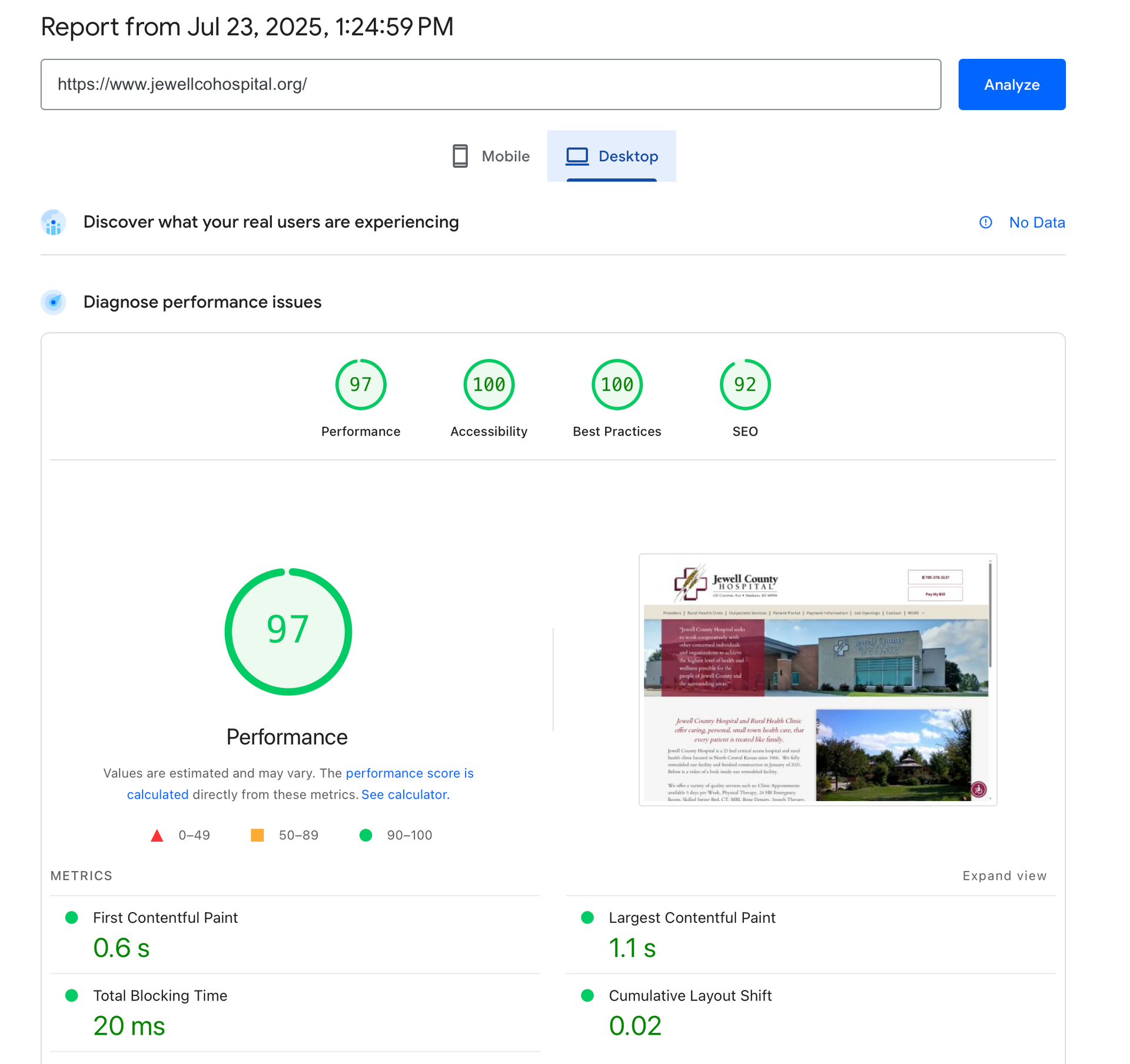 A screenshot of a website with a 97 score
