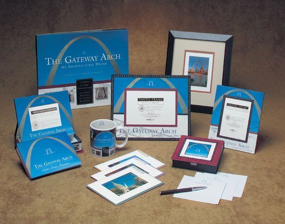 A variety of gateway arch products are displayed on a table