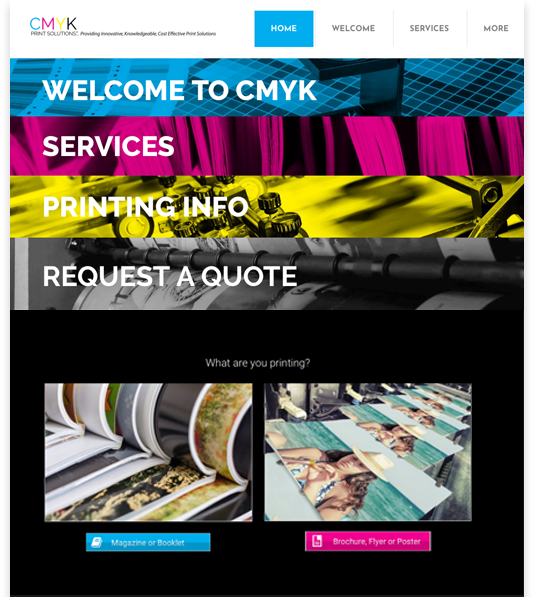 A screenshot of a website for a printing company called cmyk.