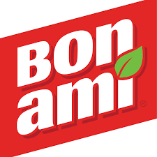 A red and white bon ami logo with a green leaf