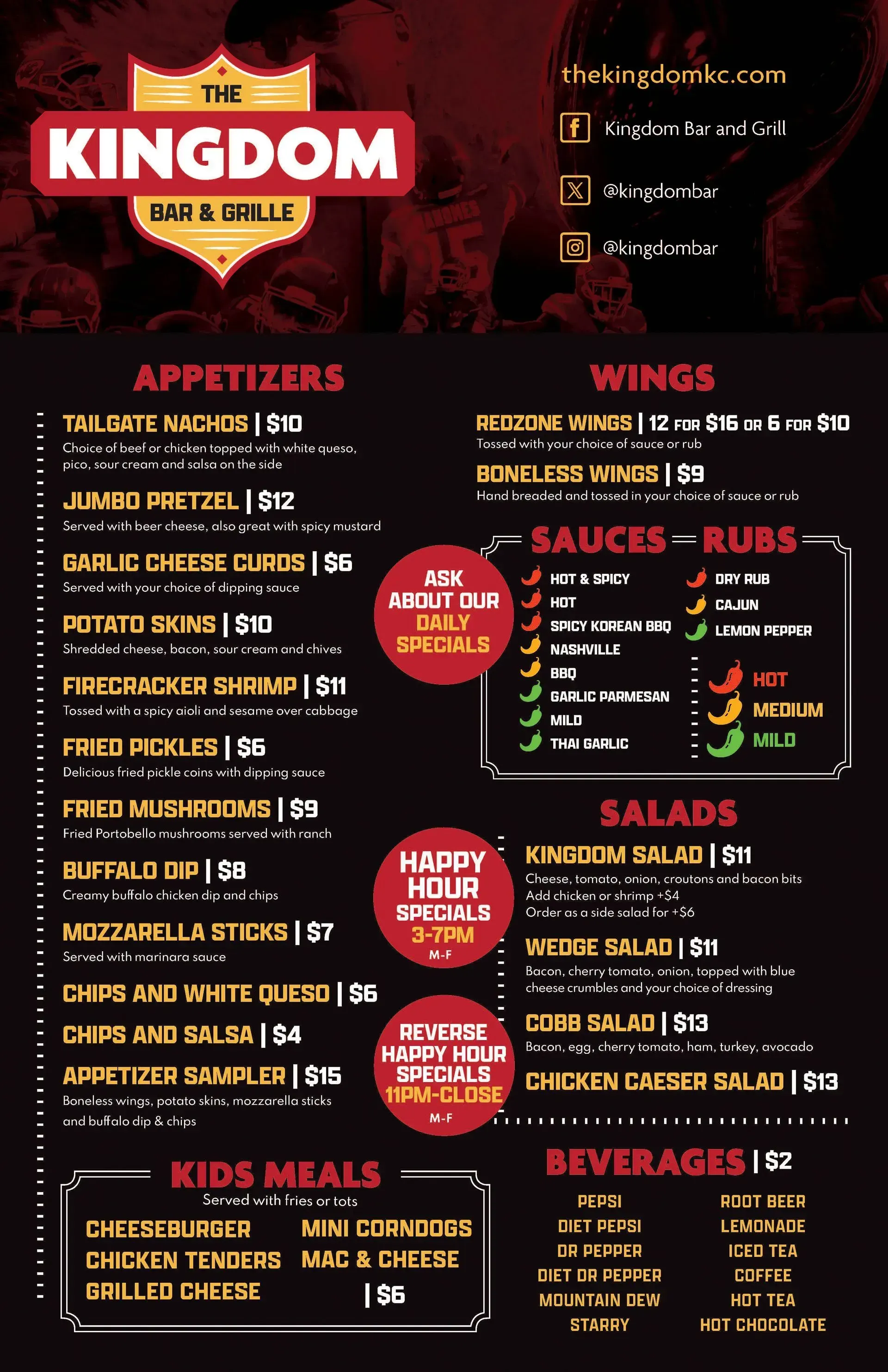 A menu for a restaurant called the kingdom