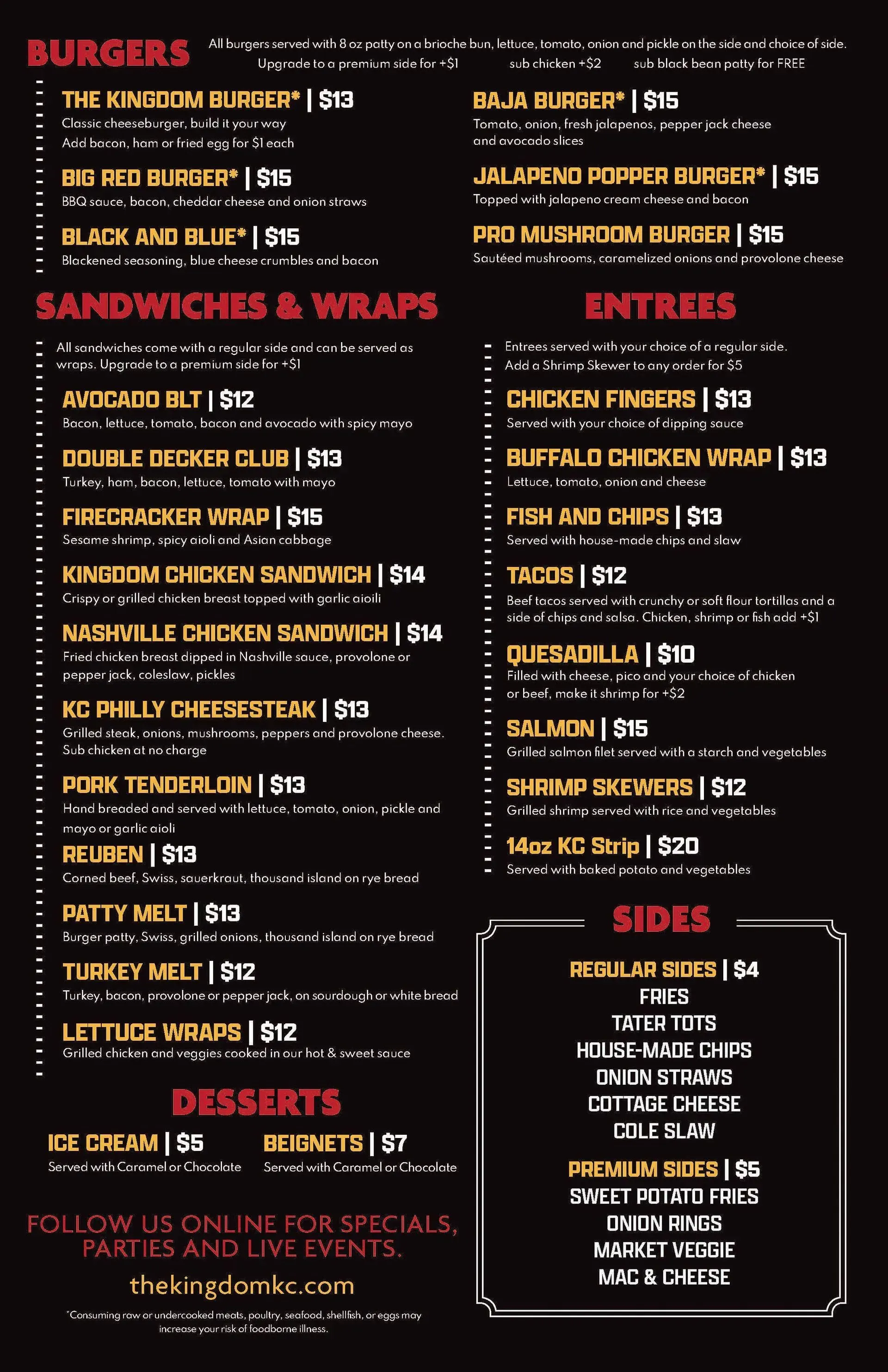 A menu for a restaurant includes burgers sandwiches and wraps