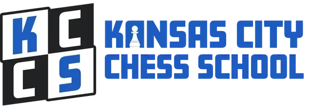 The logo for kansas city chess school is blue and black.