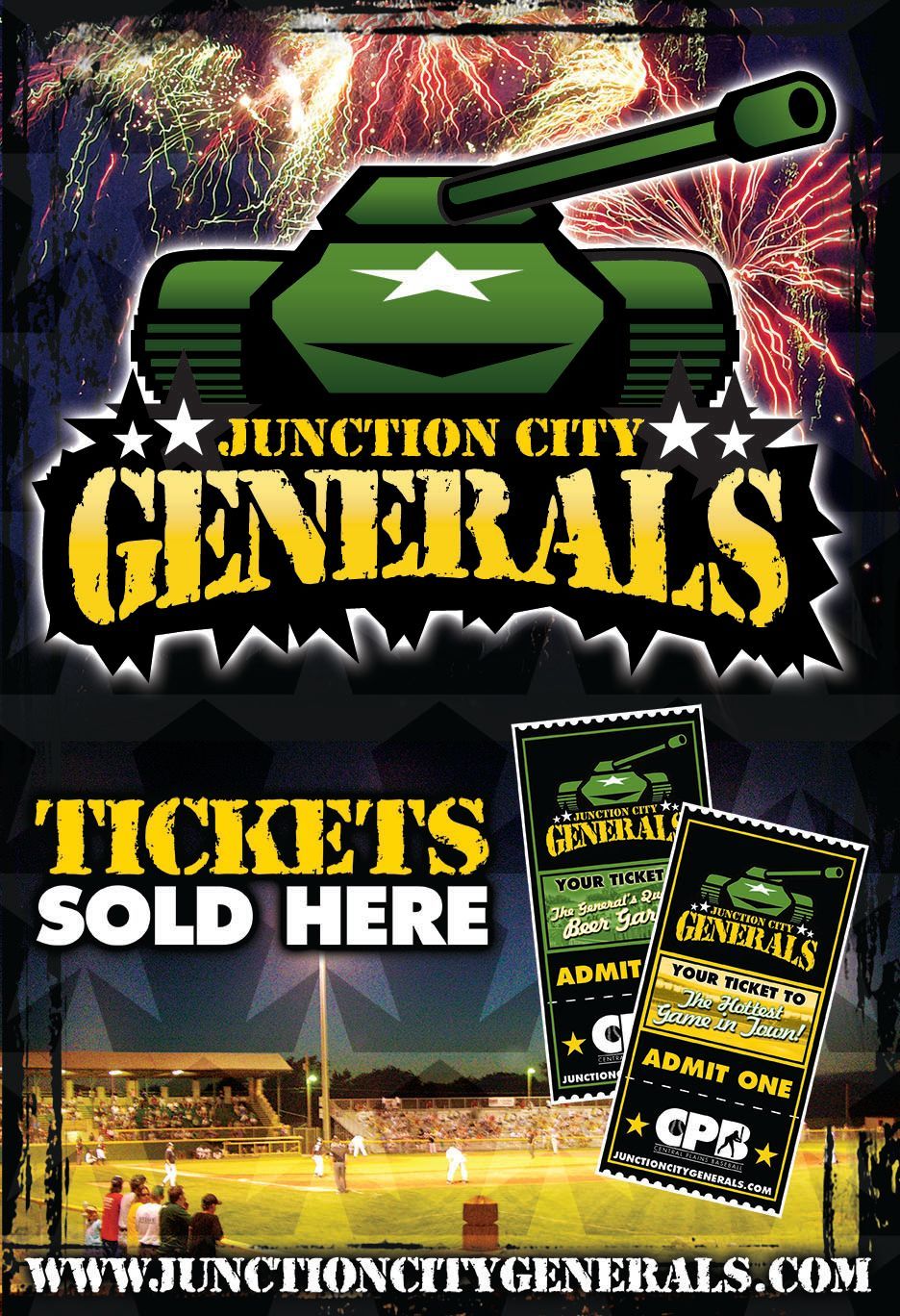 A poster for junction city generals shows a tank and fireworks