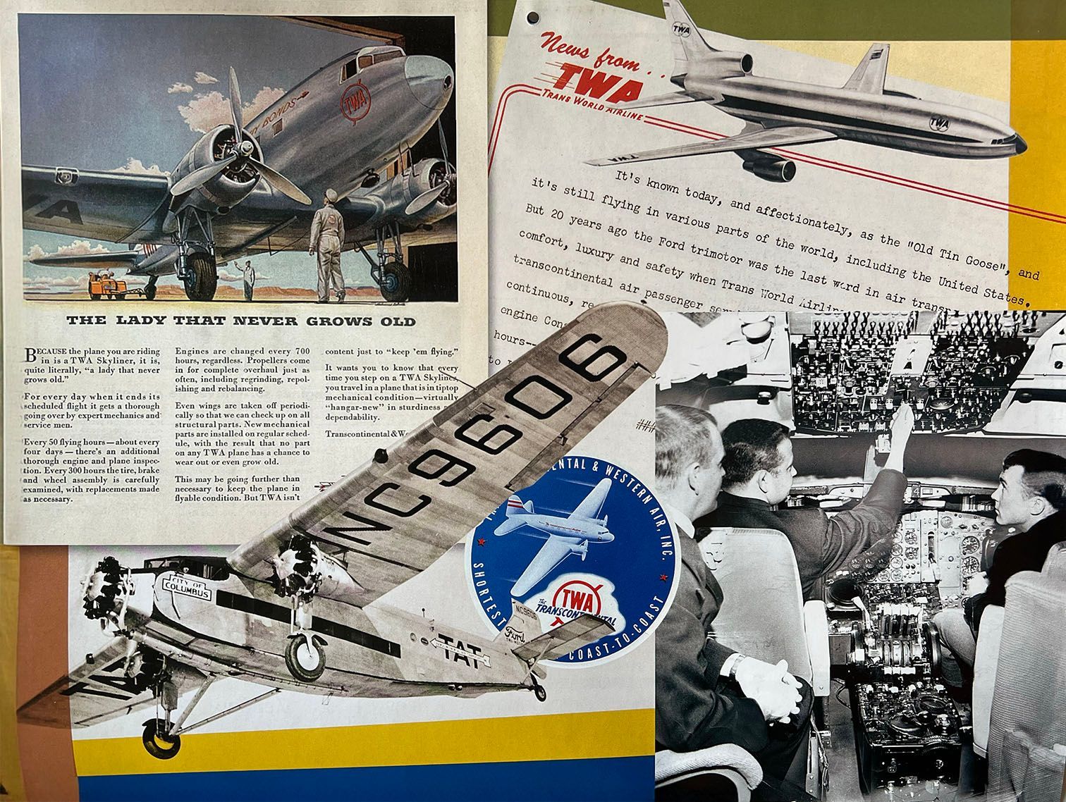 A collage of images includes a plane with the number n09506 on the tail