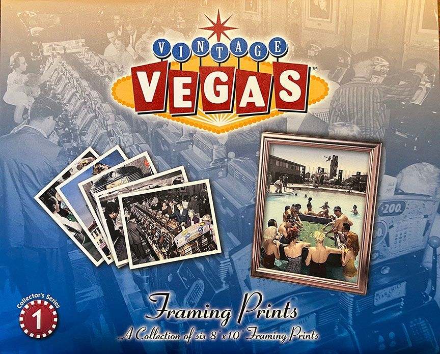 A box of vegas framing prints with pictures on it
