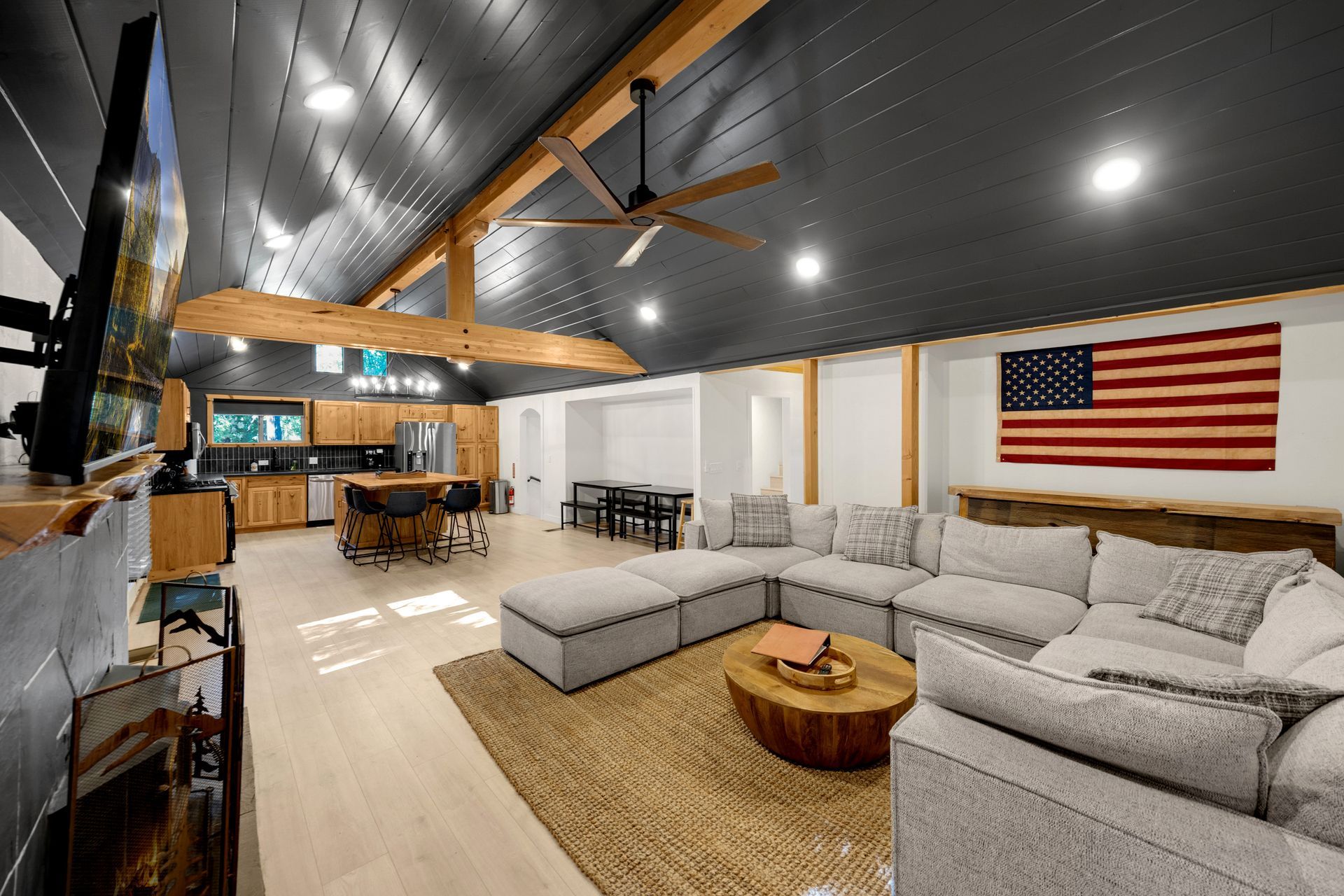 Large interior of Cabin 1 with a full kitchen
