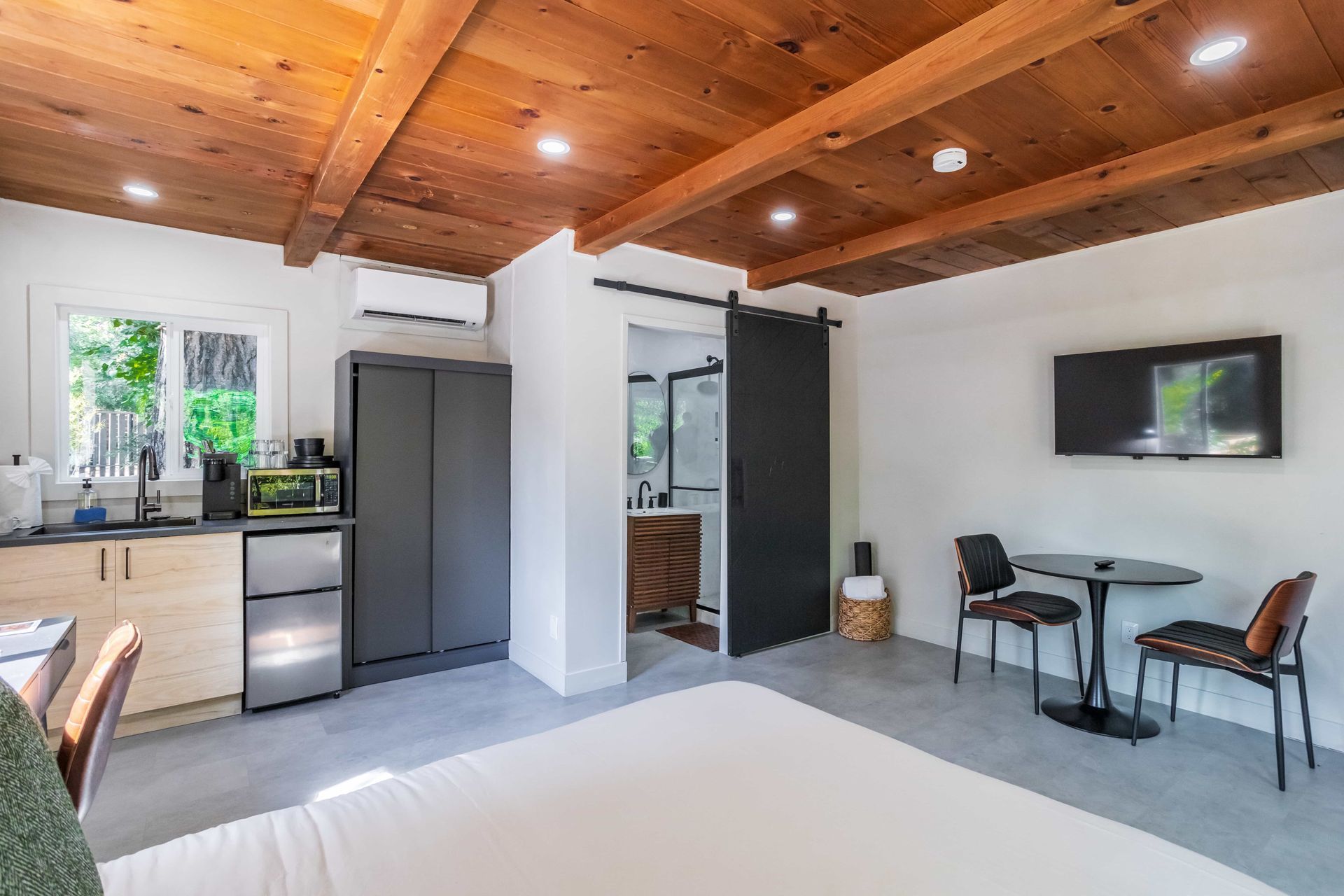A living room with a bed , table , chairs and a refrigerator.