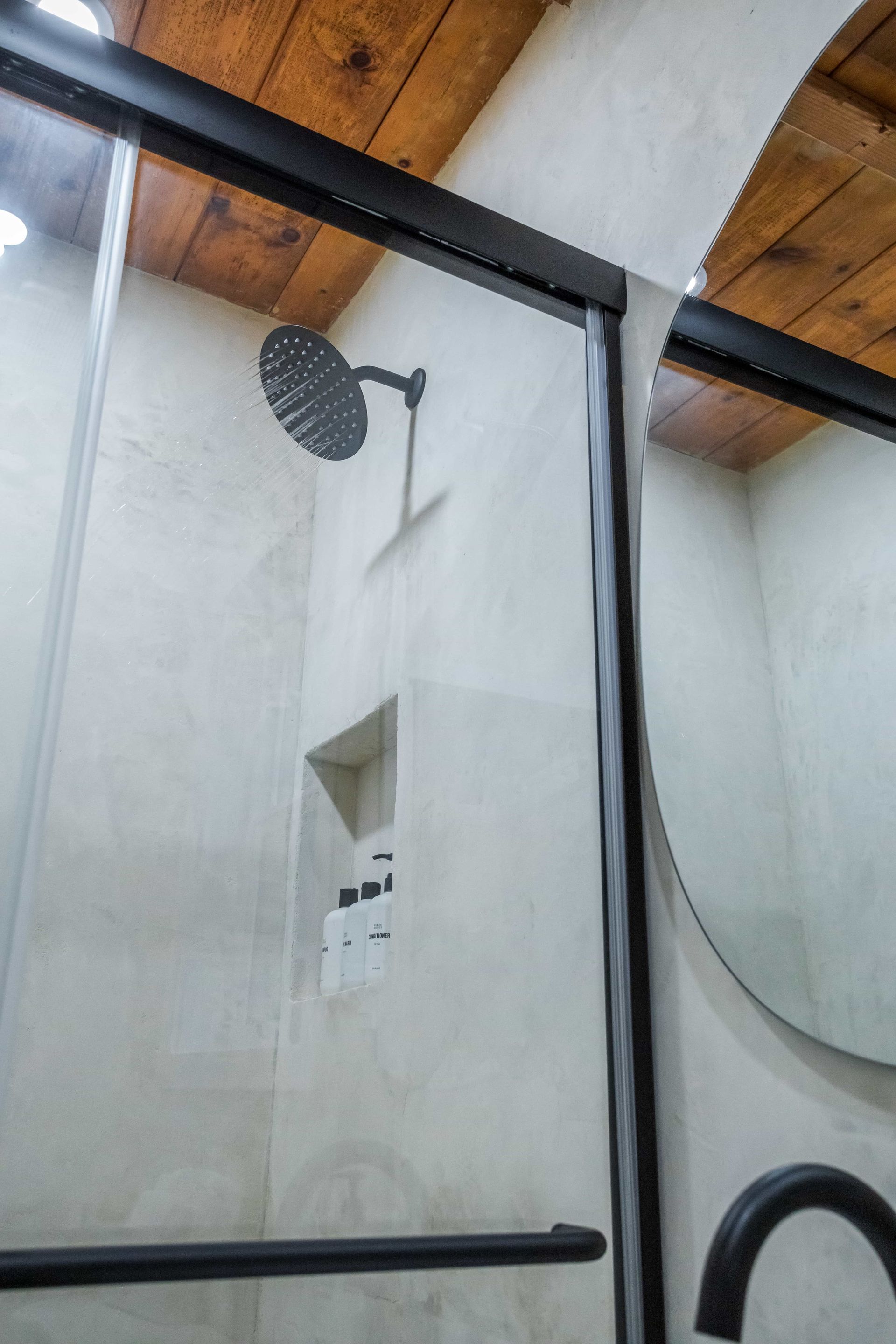 A bathroom with a shower head and a mirror.