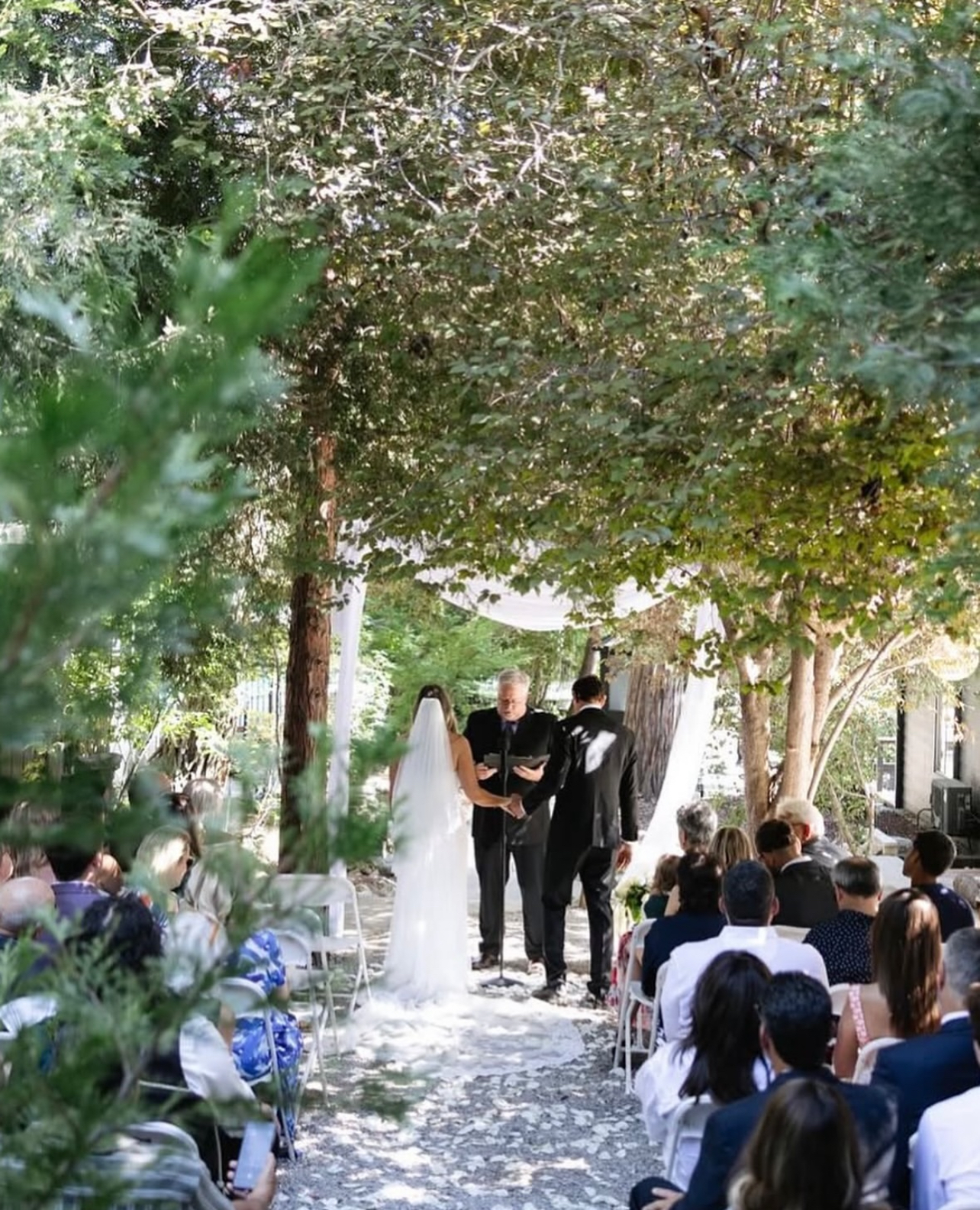 Wedding ceremony under a leafy canopy. Bride, groom, officiant stand before seated guests.