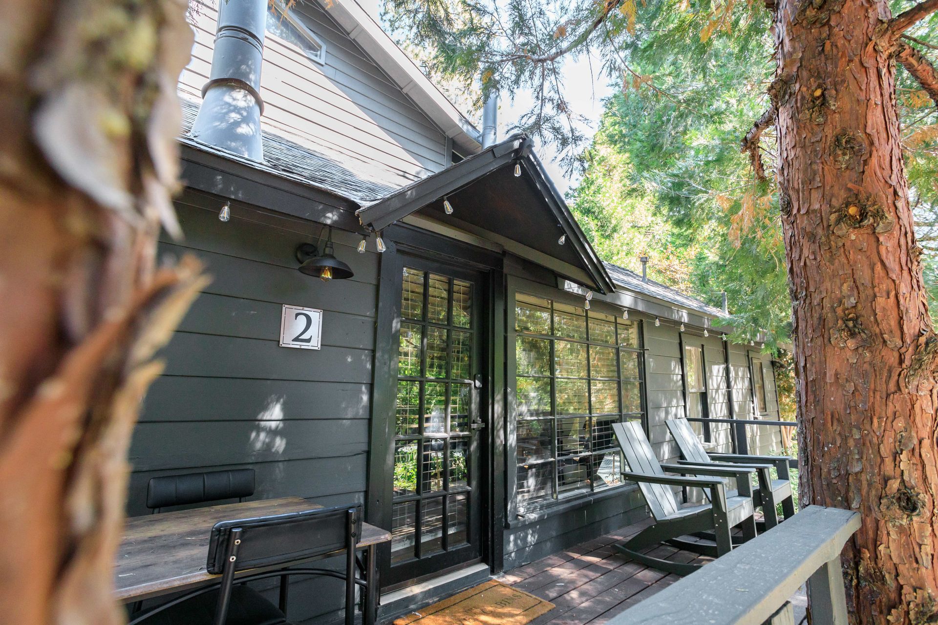 A small house with a porch and chairs is surrounded by trees.